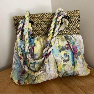 Poppie Jones Floral Fabric, Straw Large Bucket Shoulderbag